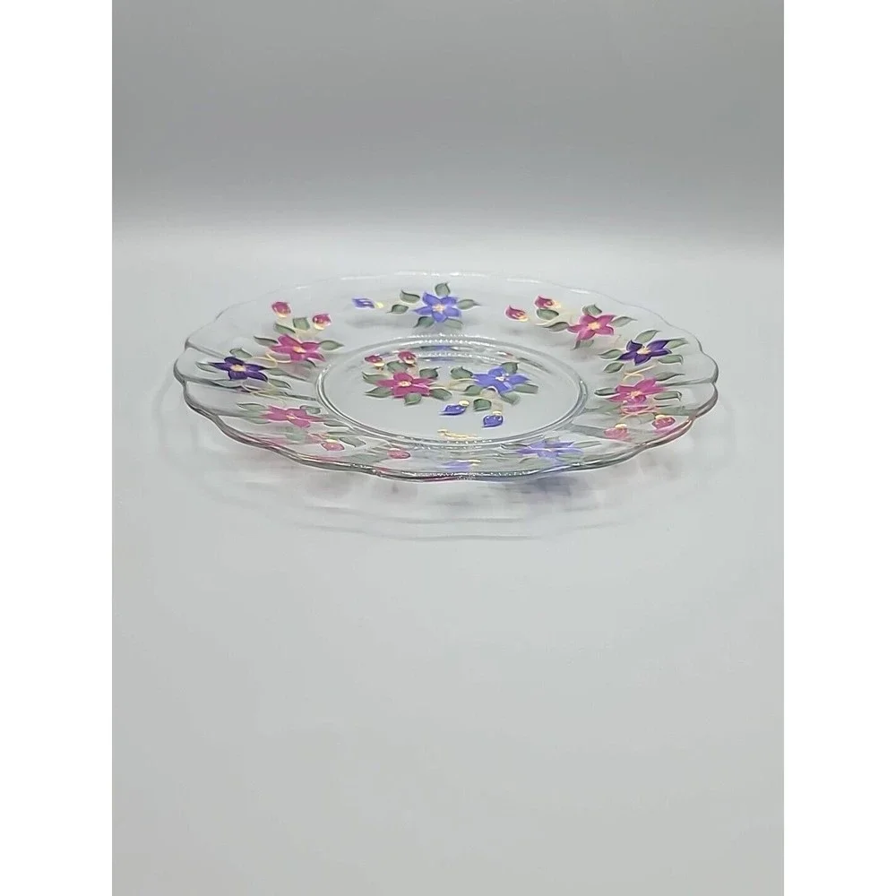 Art Glass Serving Dish Plate Signed Reverse Hand Painted Flowers Floral 9" - Picture 7 of 11